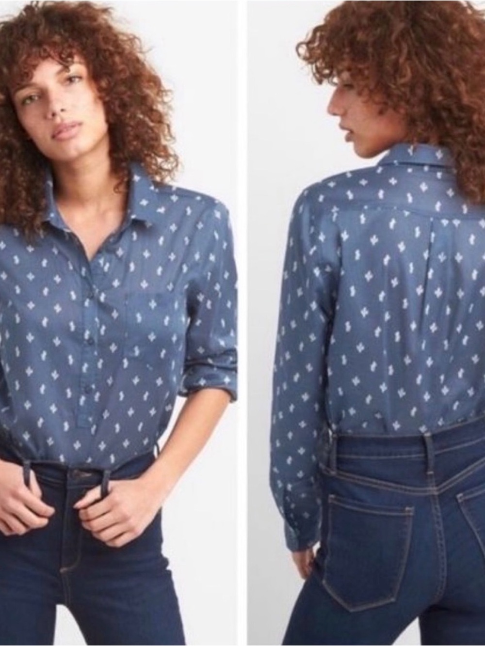 Gap navy cactus cotton half button blouse size large